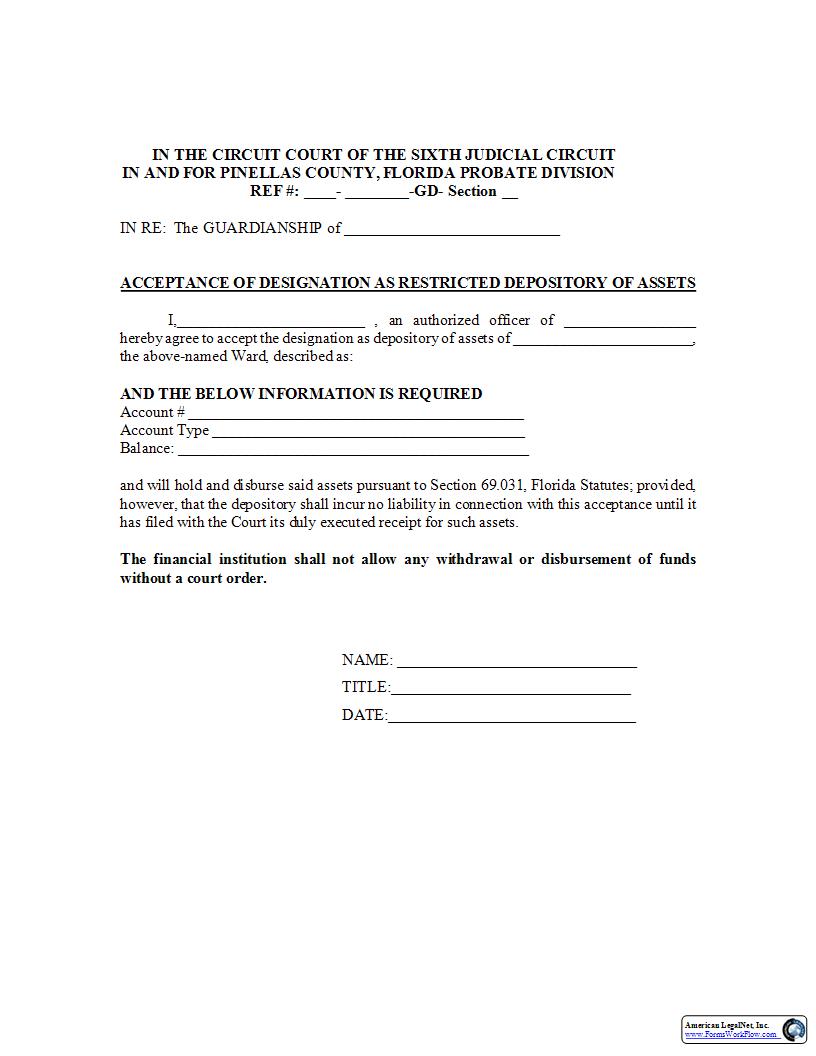 Acceptance Of Designation As Restricted Depository Of Assets | Pdf Fpdf Docx | Florida