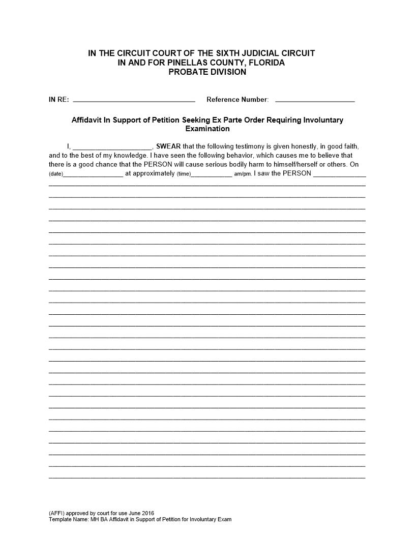 Affidavit In Support Of Ex Parte Order Requiring Involuntary Examination | Pdf Fpdf Docx | Florida