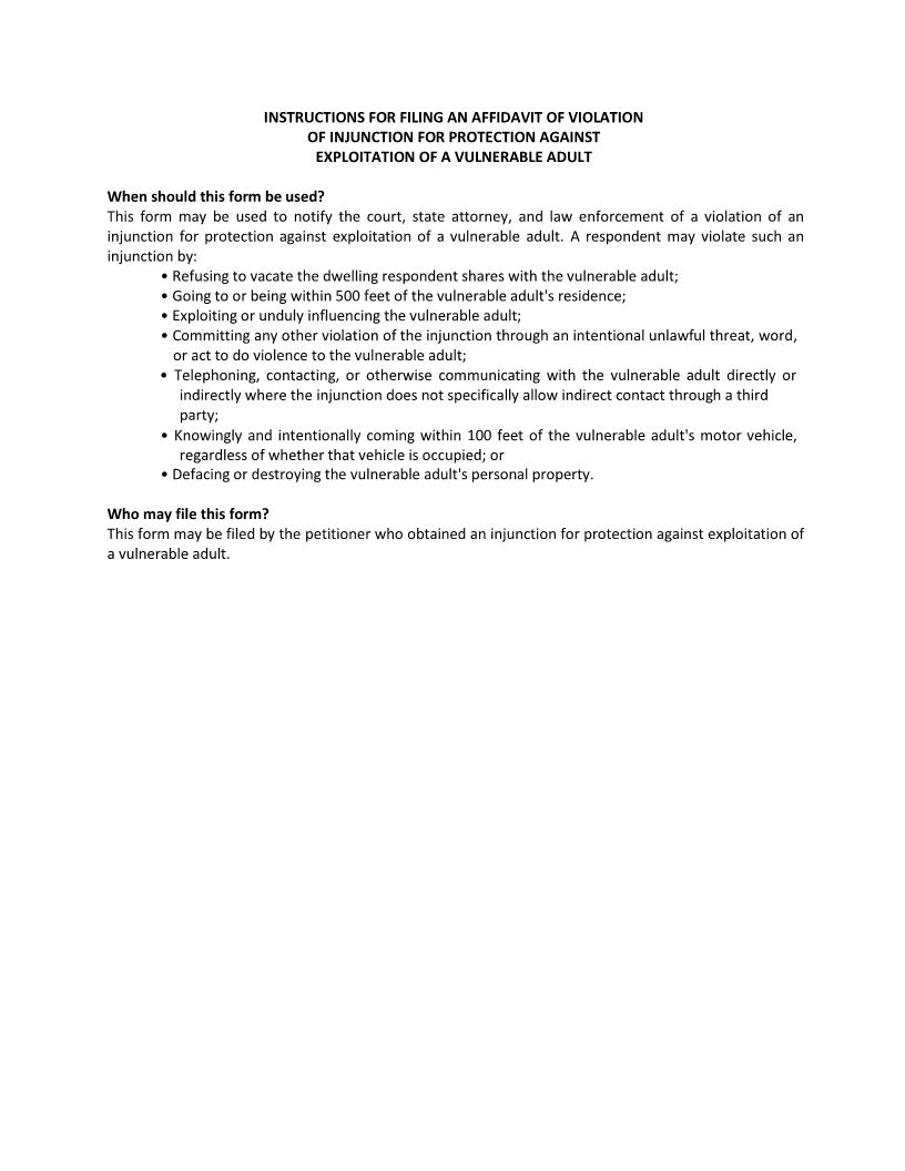 Affidavit Of Violation Of Injunction Against Exploitation Of A Vulnerable Adult | Pdf Fpdf Docx | Florida