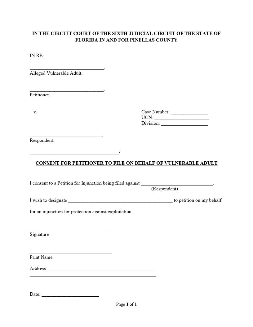 Consent For Petitioner To File On Behalf Of Vulnerable Adult | Pdf Fpdf Docx | Florida