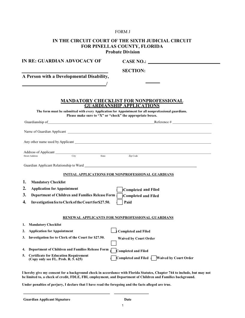 Mandatory Checklist For Nonprofessional Guardianship Applications {Form J} | Pdf Fpdf Docx | Florida