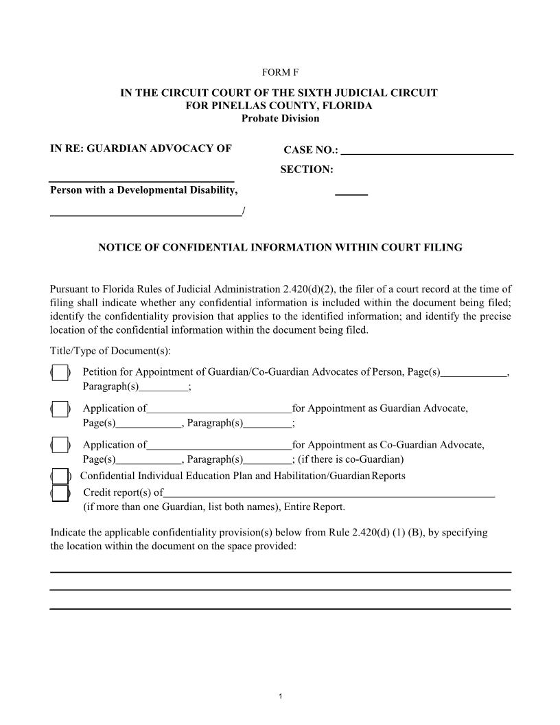 Notice Of Confidential Information Within Court Filing {Form F} | Pdf Fpdf Docx | Florida