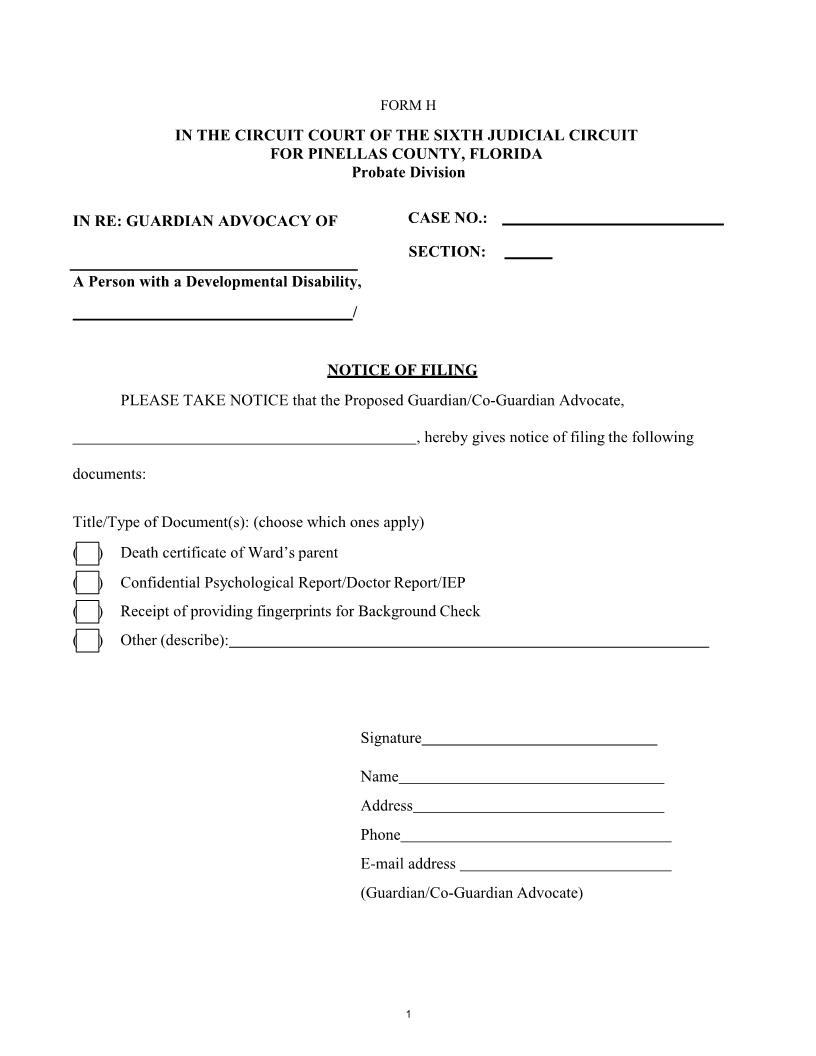 Notice Of Filing (Guardian Advocacy) {Form H} | Pdf Fpdf Docx | Florida