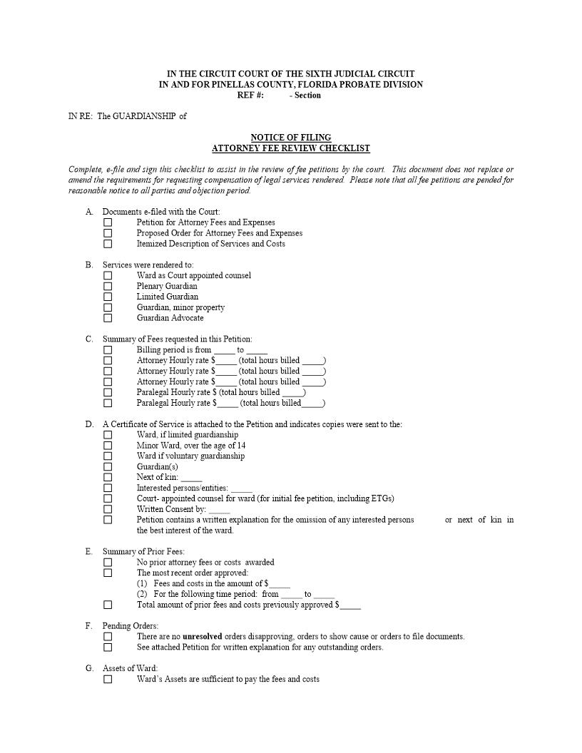 Notice Of Filing Attorney Fee Review Checklist | Pdf Fpdf Docx | Florida