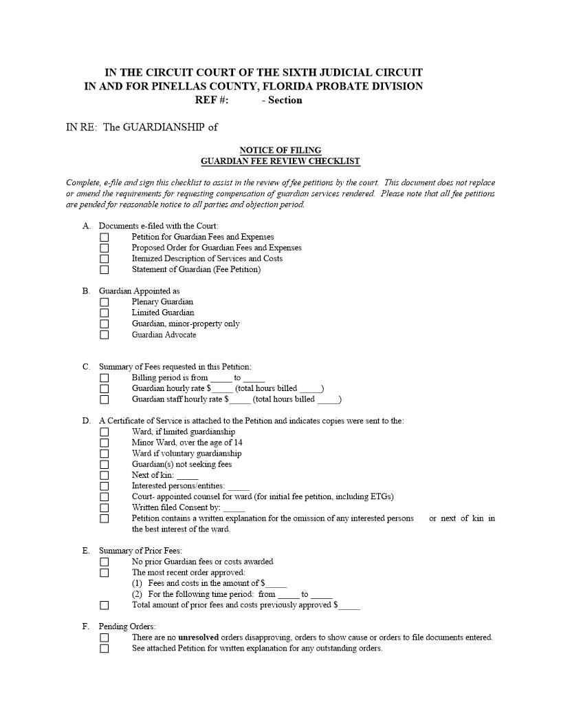 Notice Of Filing Guardian Fee Review Checklist | Pdf Fpdf Docx | Florida