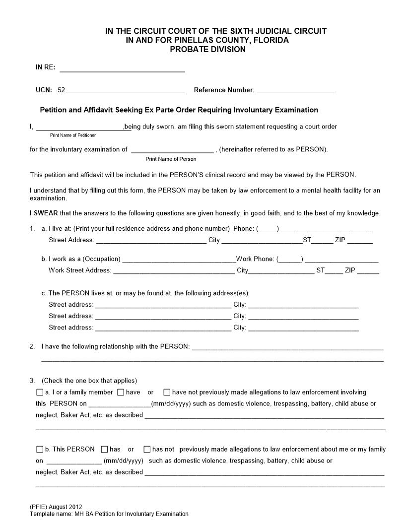 Petition And Affidavit Seeking Ex Parte Order Requiring Involuntary Examination | Pdf Fpdf Docx | Florida