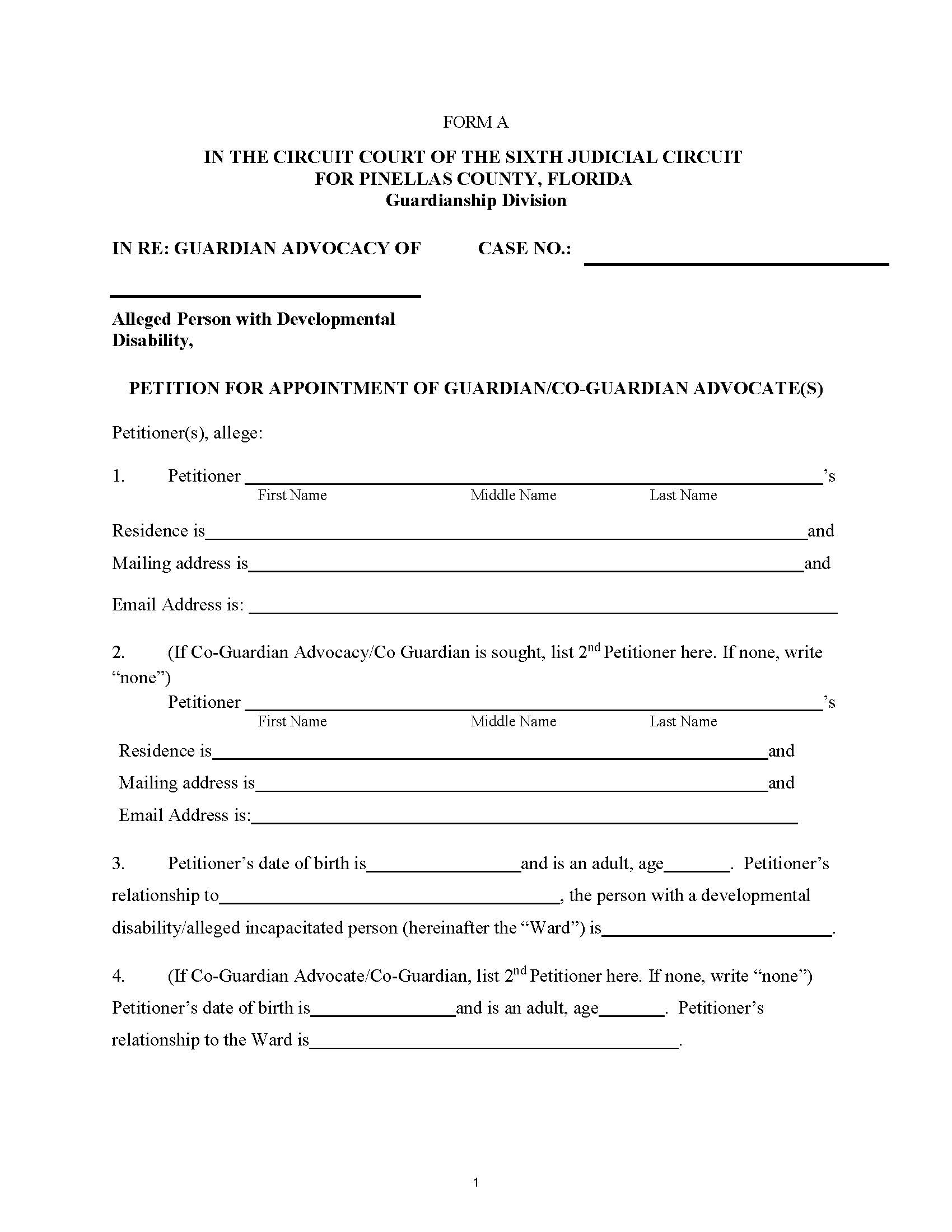 Petition For Appointment Of (Co-)Guardian Advocate(s) {Form A} | Pdf Fpdf Docx | Florida