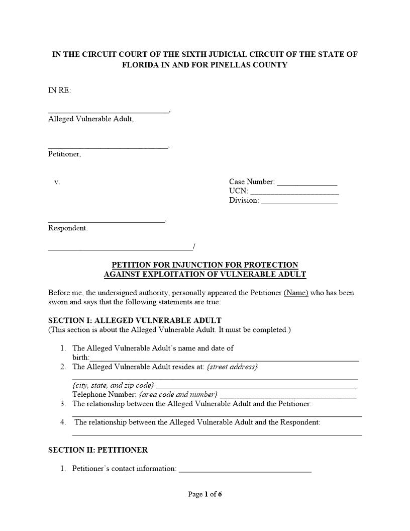 Petition For Injunction For Protection Against Exploitation Of Vulnerable Adult | Pdf Fpdf Docx | Florida
