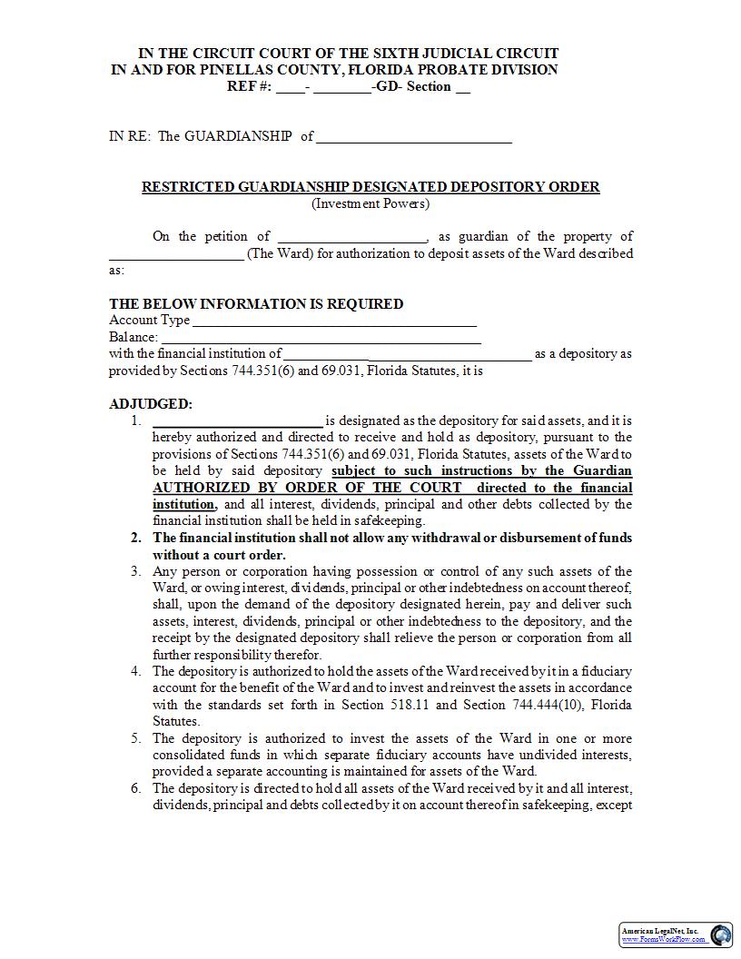 Restricted Guardianship Designated Depository Order Investment Powers | Pdf Fpdf Docx | Florida
