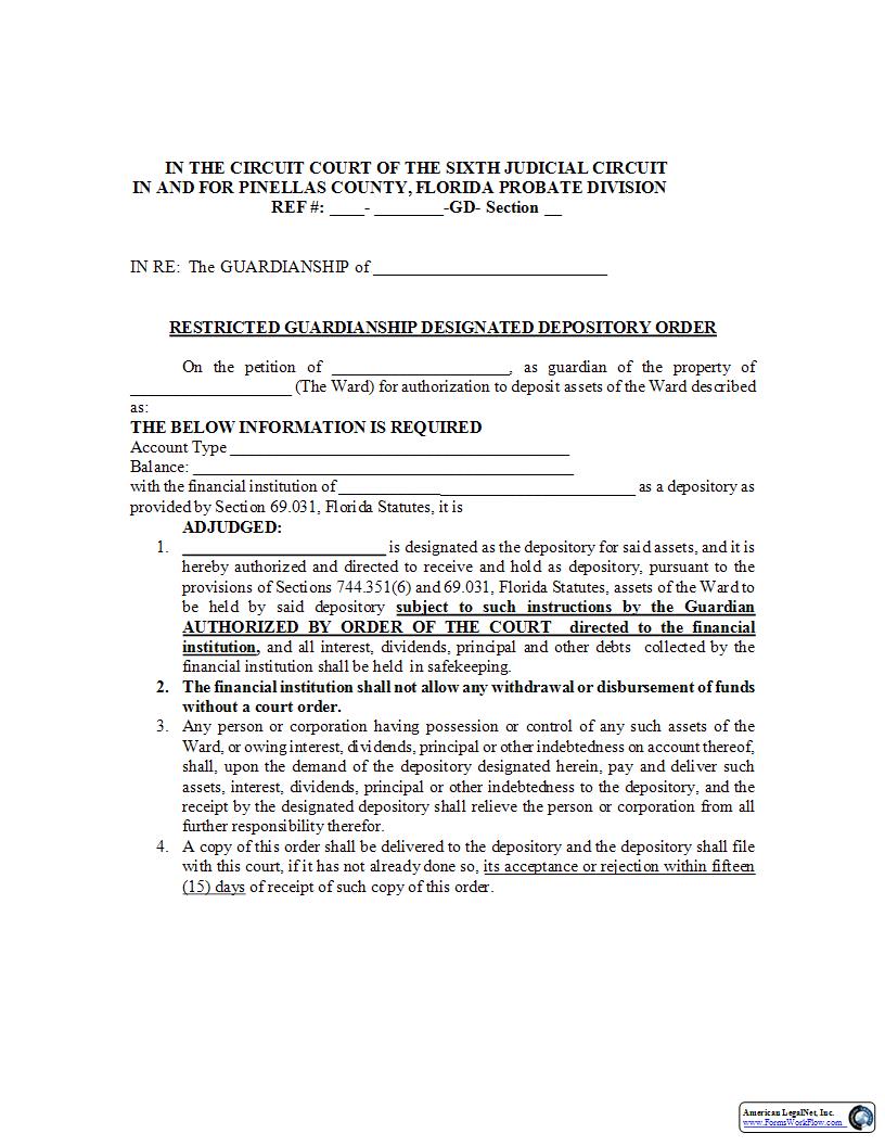 Restricted Guardianship Designated Depository Order | Pdf Fpdf Docx | Florida