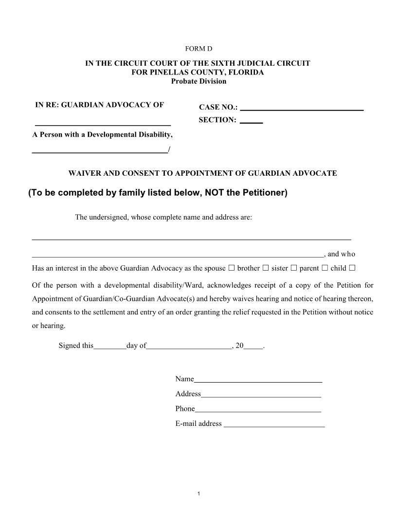 Waiver And Consent To Appointment Of Guardian Advocate {Form D} | Pdf Fpdf Docx | Florida