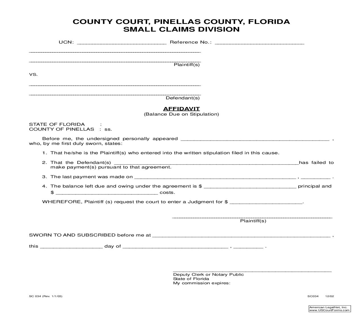 Affidavit (Balance Due On Stipulation) (Pinellas) | Pdf Fpdf Doc Docx | Florida