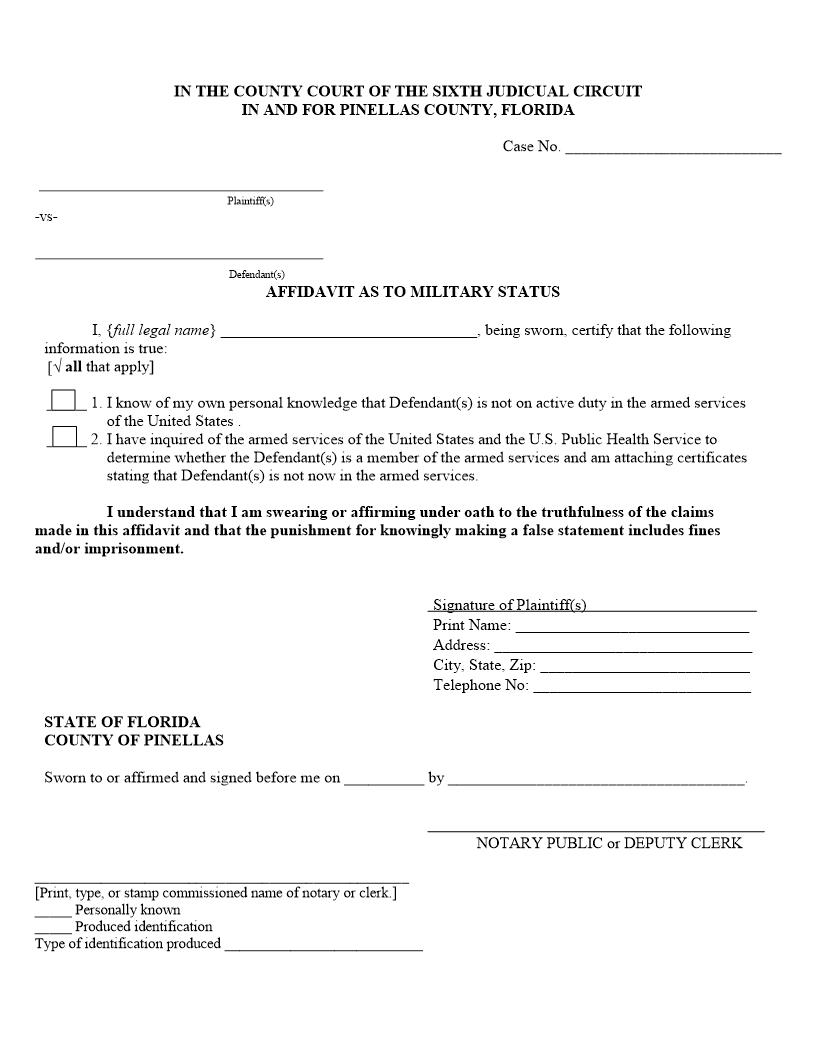 Affidavit Of Military Status | Pdf Fpdf Docx | Florida