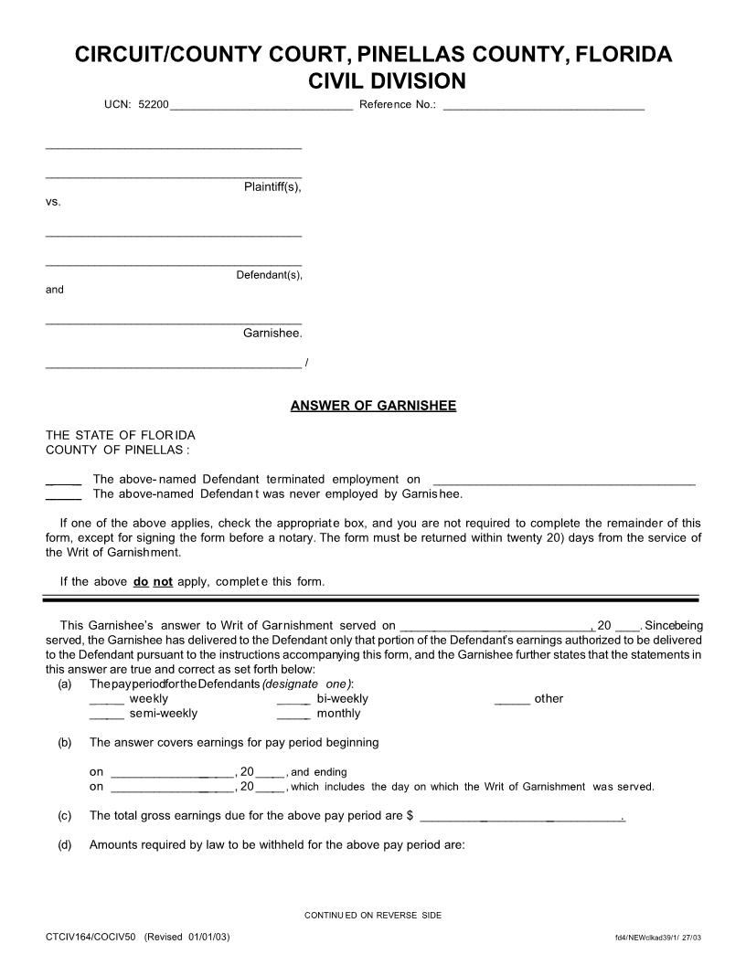 Answer Of Garnishee {CTCIV164-COCIV50} | Pdf Fpdf Docx | Florida