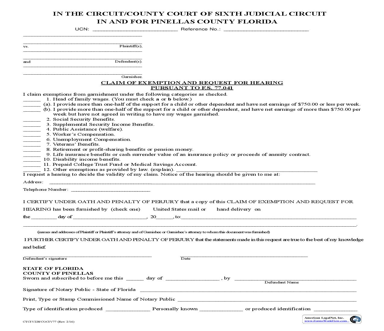 Claim Of Exemption And Request For Hearing {CTCIV228-COCIV77} | Pdf Fpdf Doc Docx | Florida