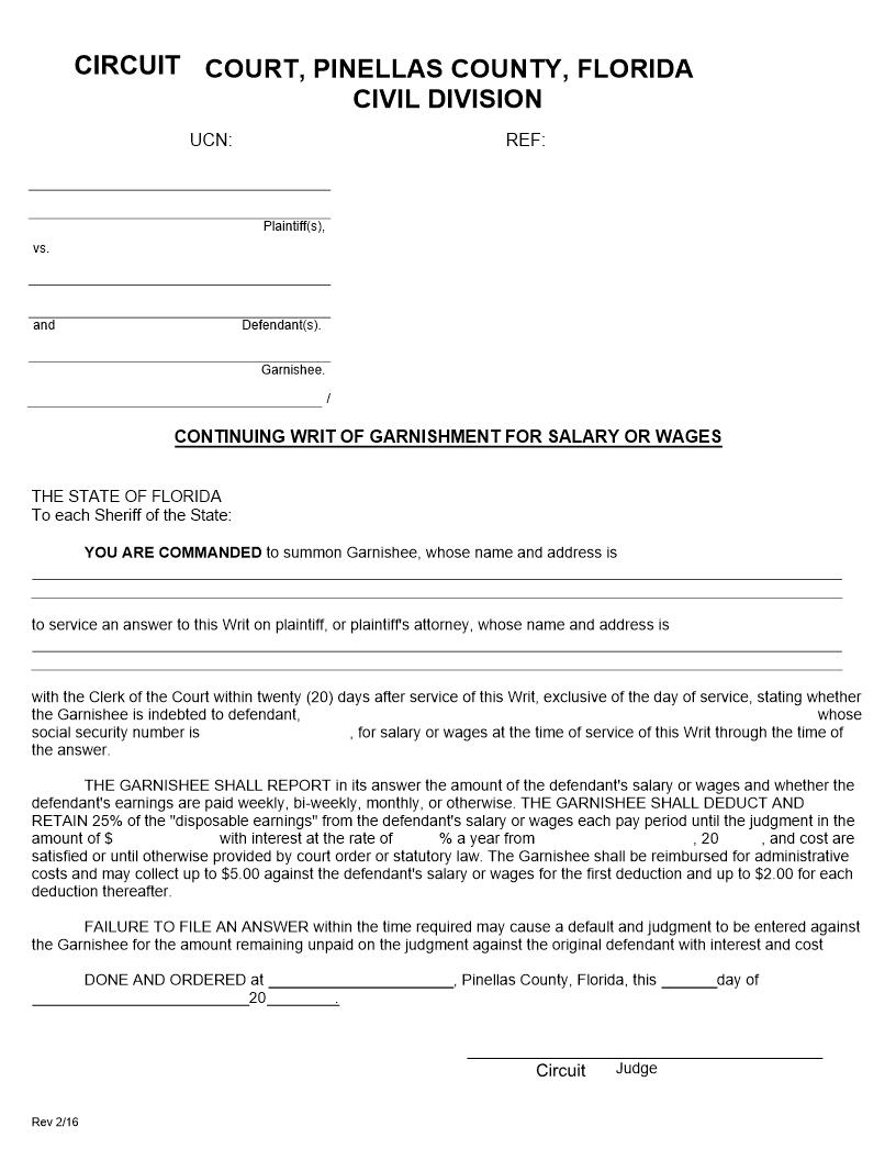 Continuing Writ Of Garnishment For Salary Or Wages | Pdf Fpdf Docx | Florida