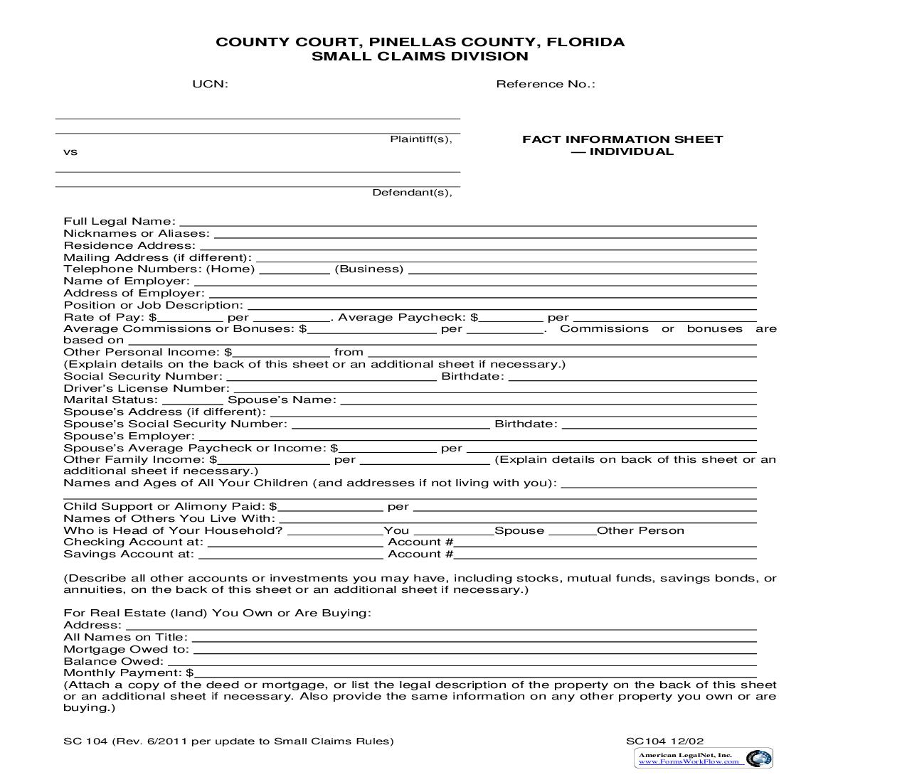 Fact Information Sheet Individual {SC 104} | Pdf Fpdf Doc Docx | Florida