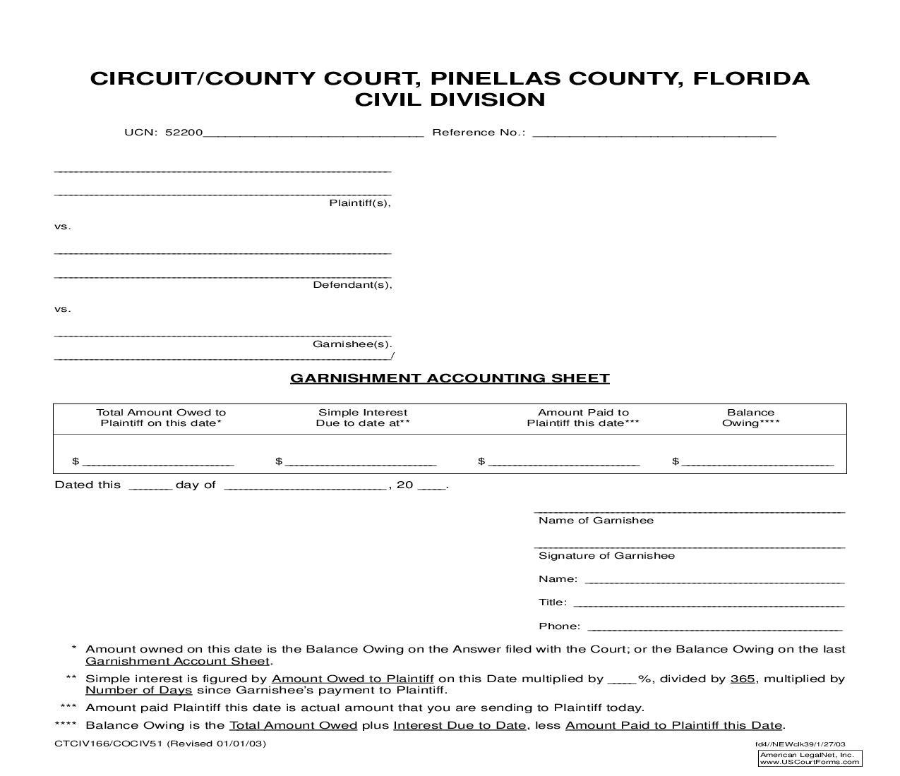 Garnishment Accounting Sheet (Pinellas) | Pdf Fpdf Doc Docx | Florida