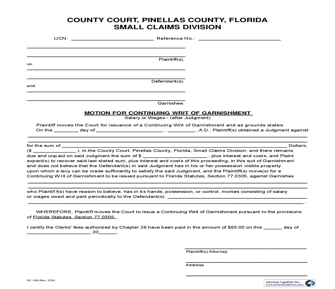 Motion For Continuing Writ Of Garnishment Salary Or Wages (After Judgment) {SC 108} | Pdf Fpdf Doc Docx | Florida