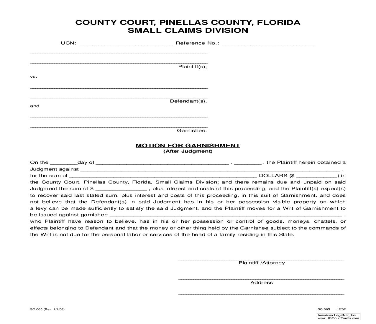 Motion For Garnishment (After Judgment) (Pinellas) | Pdf Fpdf Doc Docx | Florida