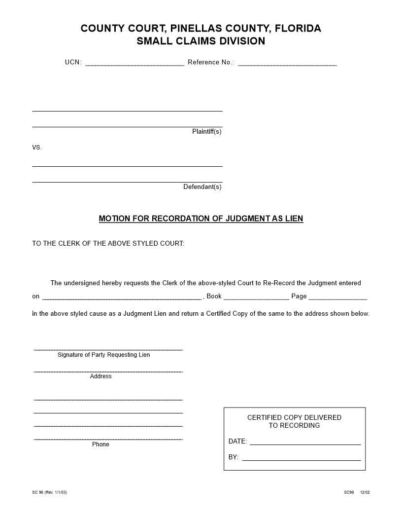 Motion For Recordation Of Judgment As Lien {SC 96} | Pdf Fpdf Docx | Florida