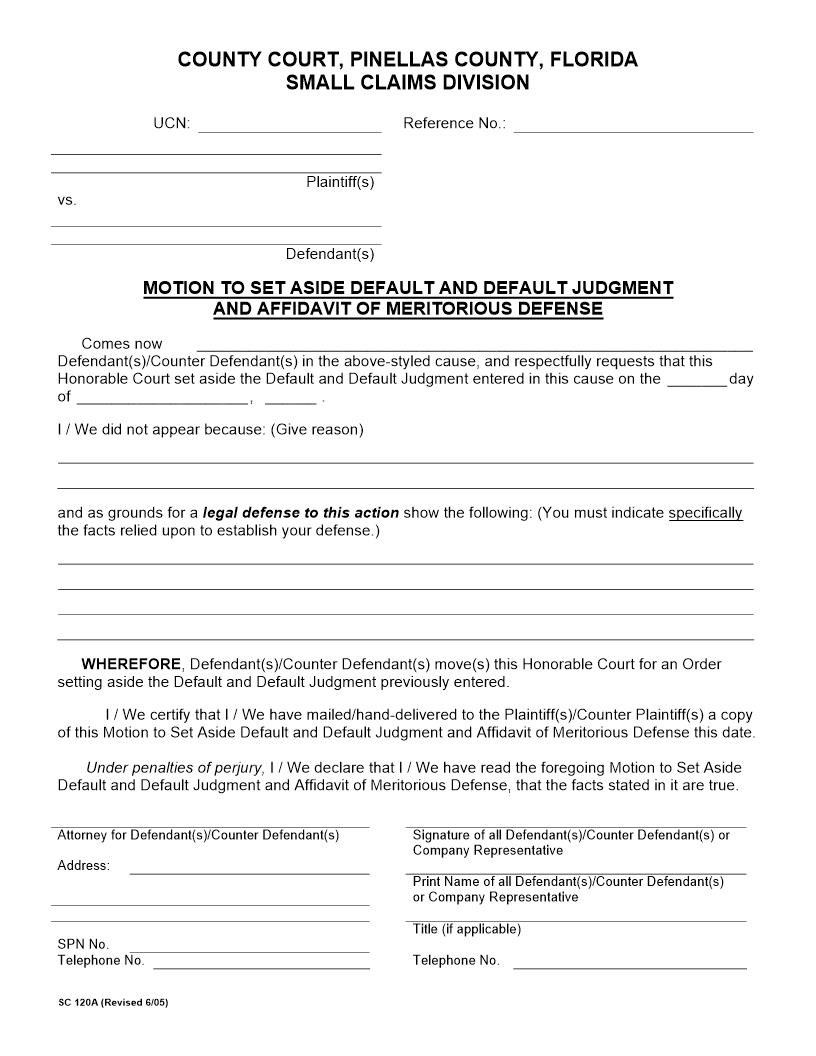 Motion To Set Aside Default And Default Judgment And Affidavit {SC 120A} | Pdf Fpdf Docx | Florida