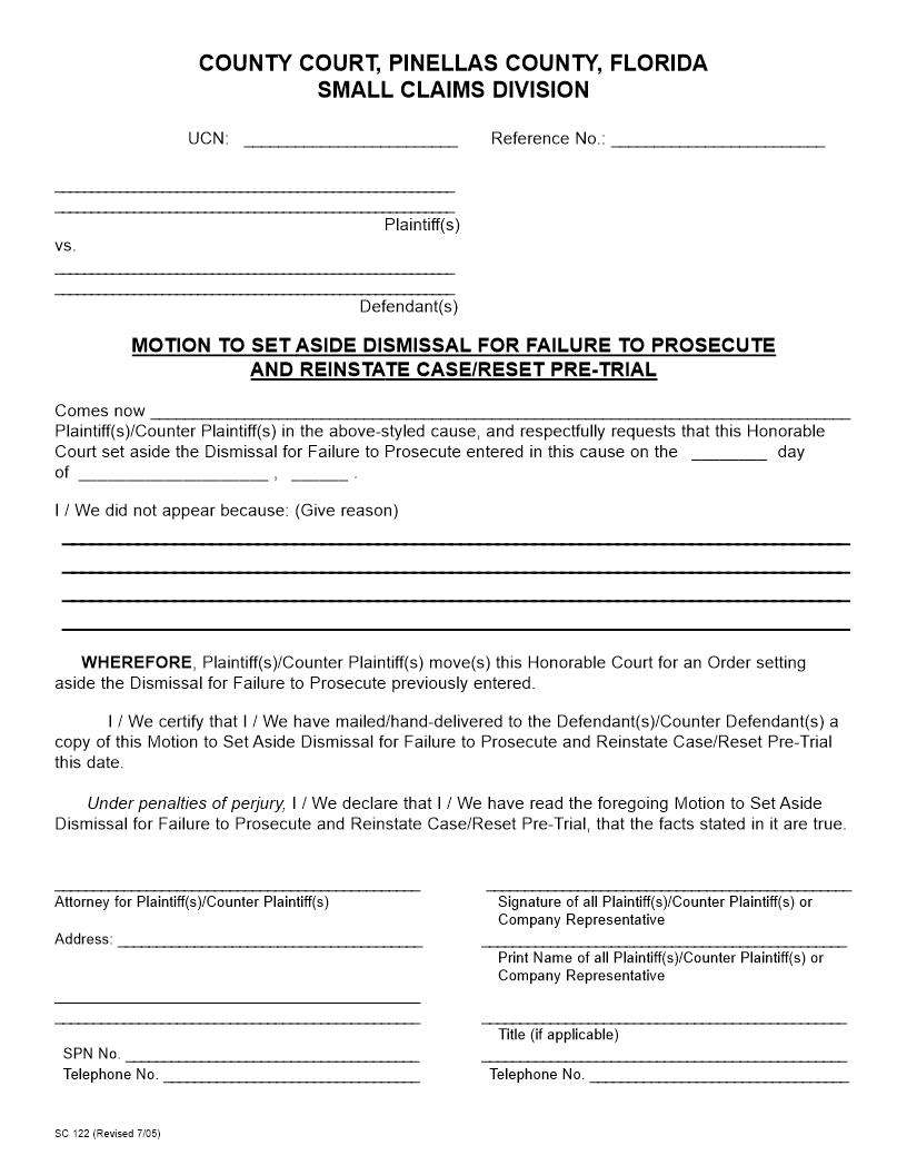 Motion To Set Aside Dismissal For Failure To Prosecute And Reinstate {SC 122} | Pdf Fpdf Docx | Florida
