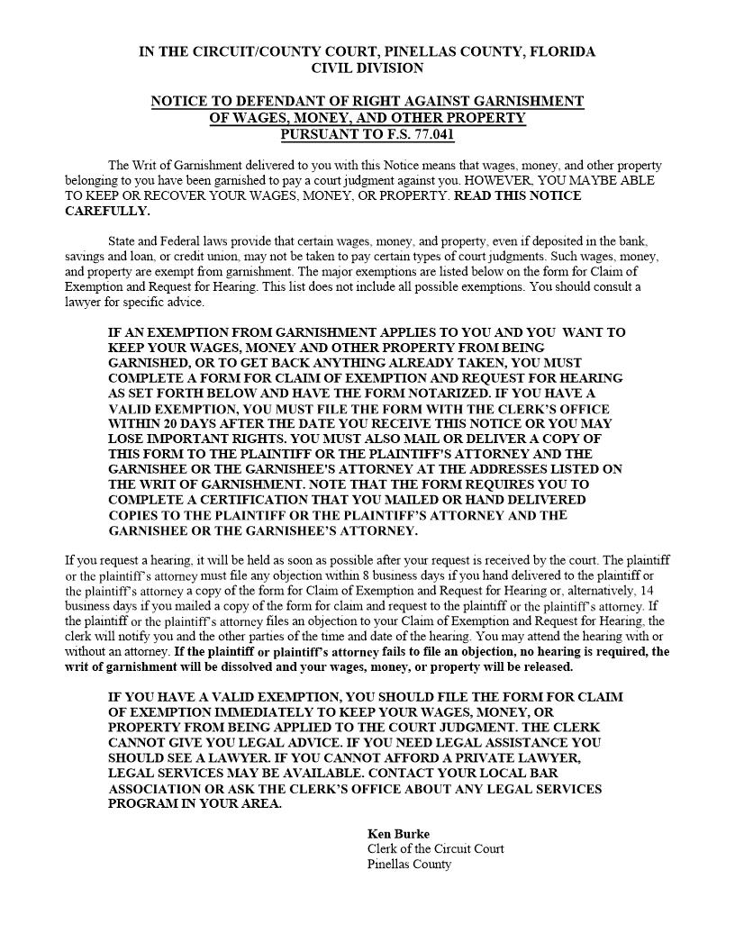 Notice To Defendant Of Right Against Garnishment Of Wages Property | Pdf Fpdf Docx | Florida