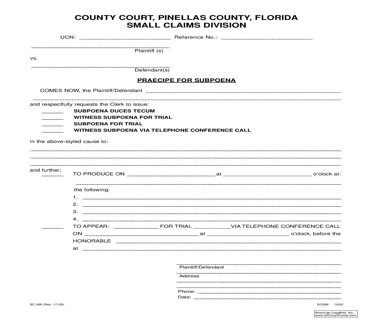 Praecipe For Subpoena (Pinellas) | Pdf Fpdf Doc Docx | Florida