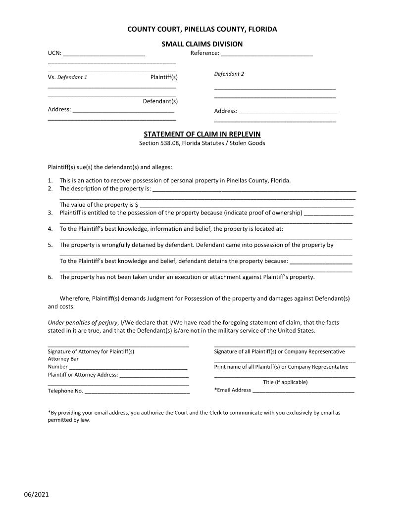 Statement Of Claim In Replevin Stolen Goods | Pdf Fpdf Docx | Florida