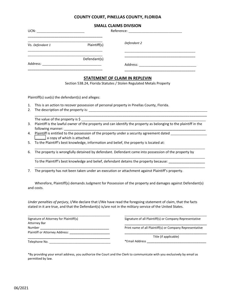 Statement Of Claim In Replevin Stolen Regulated Metals Property | Pdf Fpdf Docx | Florida