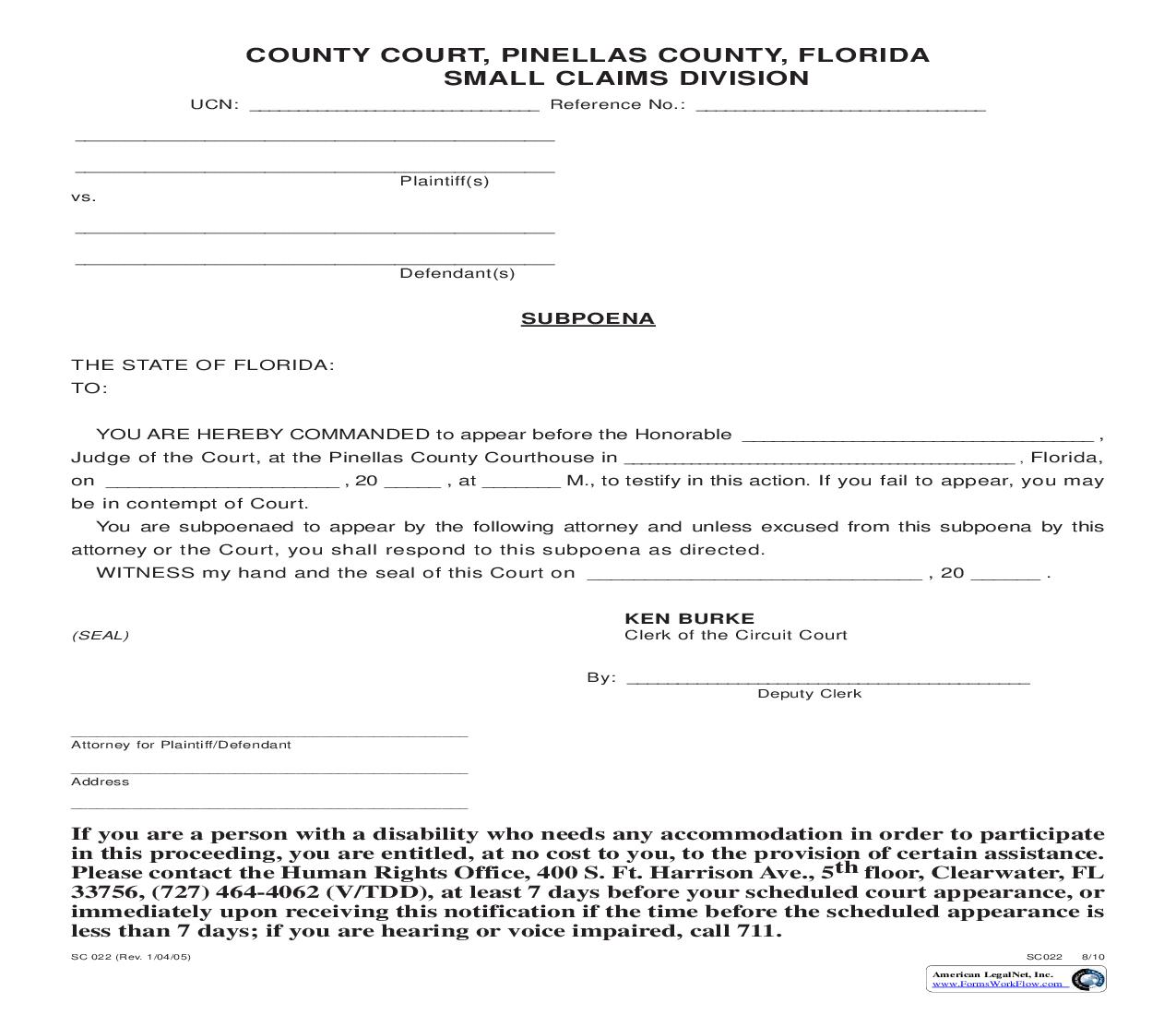 Subpoena (To Testify) {SC 022} | Pdf Fpdf Doc Docx | Florida