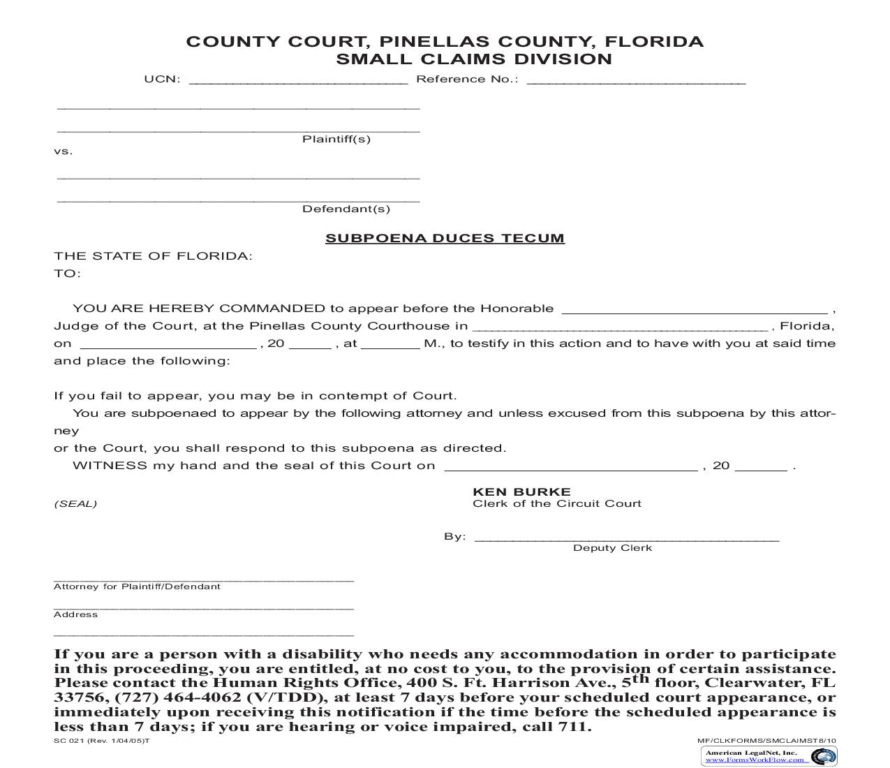 Subpoena Duces Tecum {SC021} | Pdf Fpdf Doc Docx | Florida