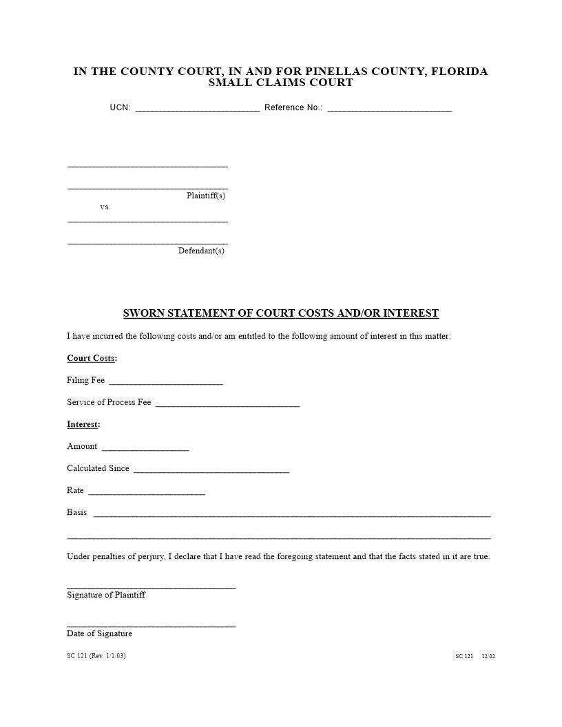 Sworn Statement Of Court Costs And-Or Interest {SC 121} | Pdf Fpdf Docx | Florida