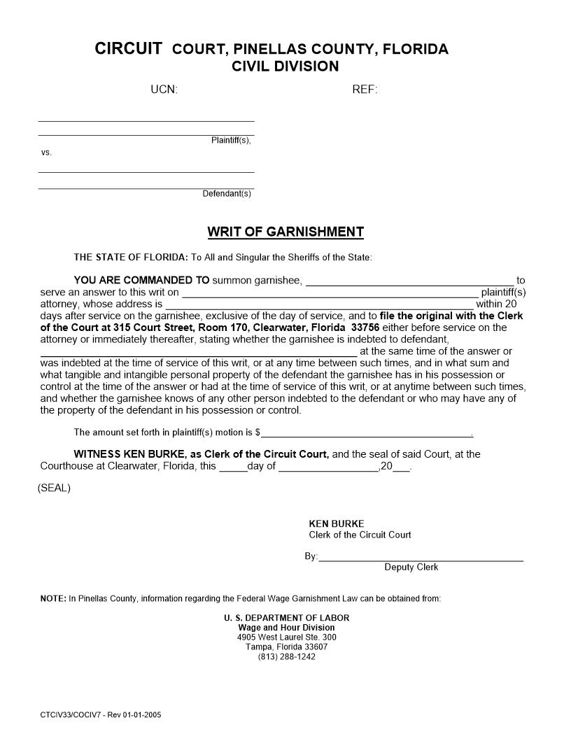 Writ Of Garnishment {CTCIV33-COCIV7} | Pdf Fpdf Docx | Florida