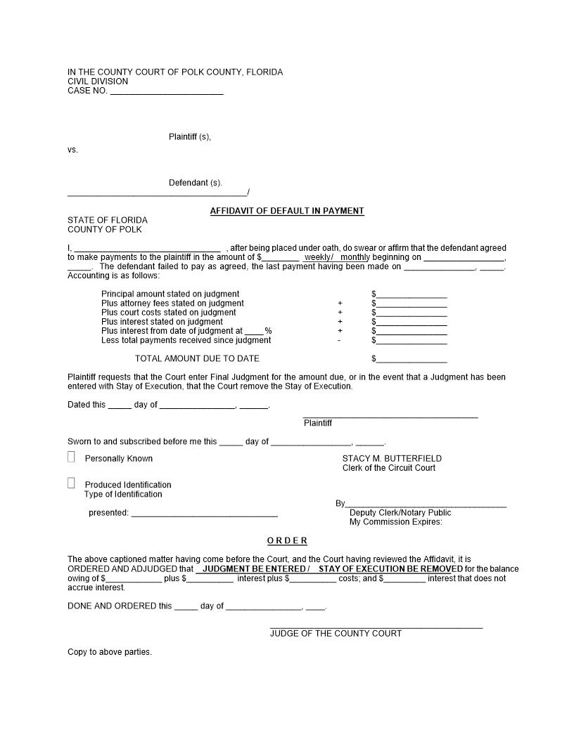 Affidavit Of Default In Payment | Pdf Fpdf Doc Docx | Florida