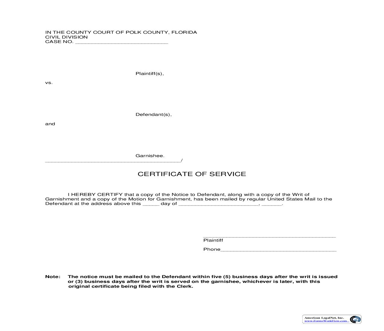 Certificate Of Service (Garnishment Notice Motion Writ) | Pdf Fpdf Doc Docx | Florida