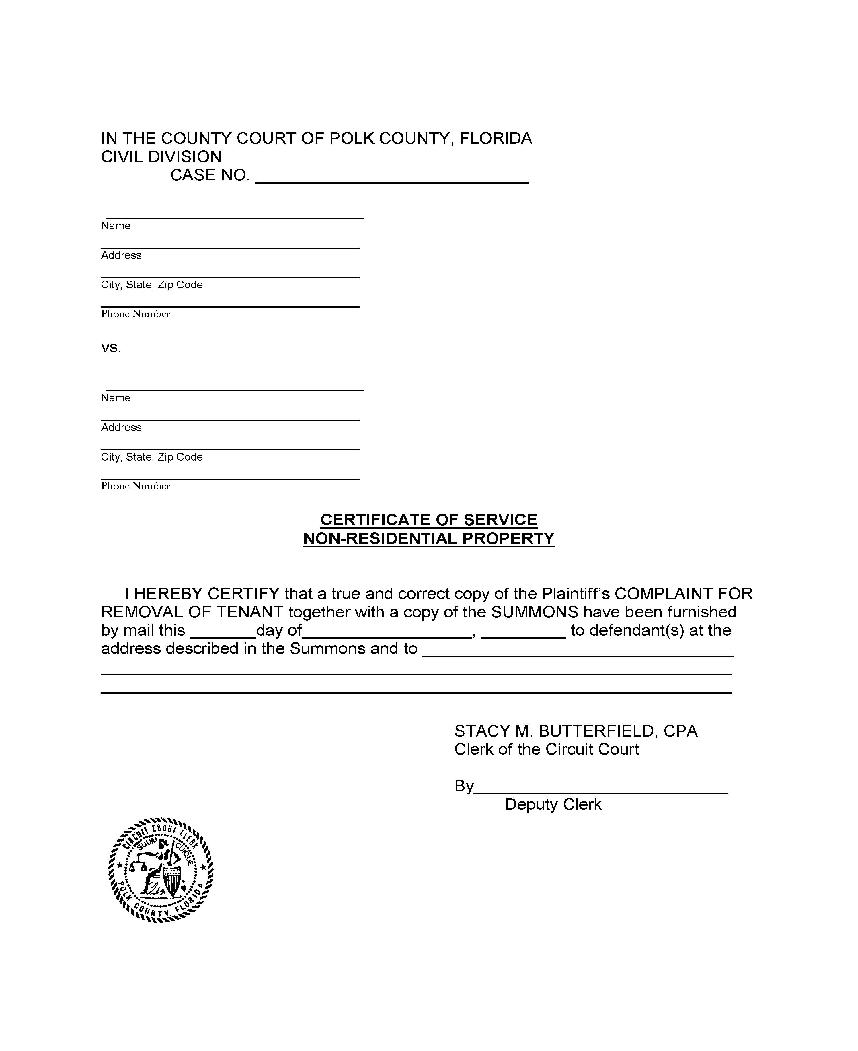 Certificate Of Service Non-Residential Property (Complaint For Removal Of Tenant) | Pdf Fpdf Doc Docx | Florida
