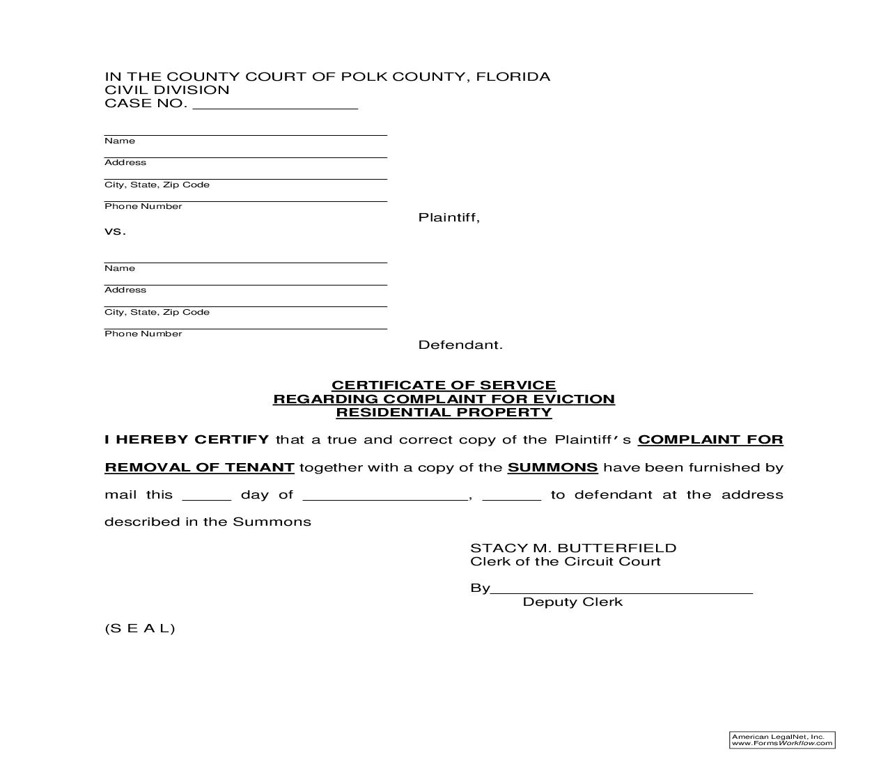 Certificate Of Service Regarding Complaint For Eviction Residential Property | Pdf Fpdf Doc Docx | Florida