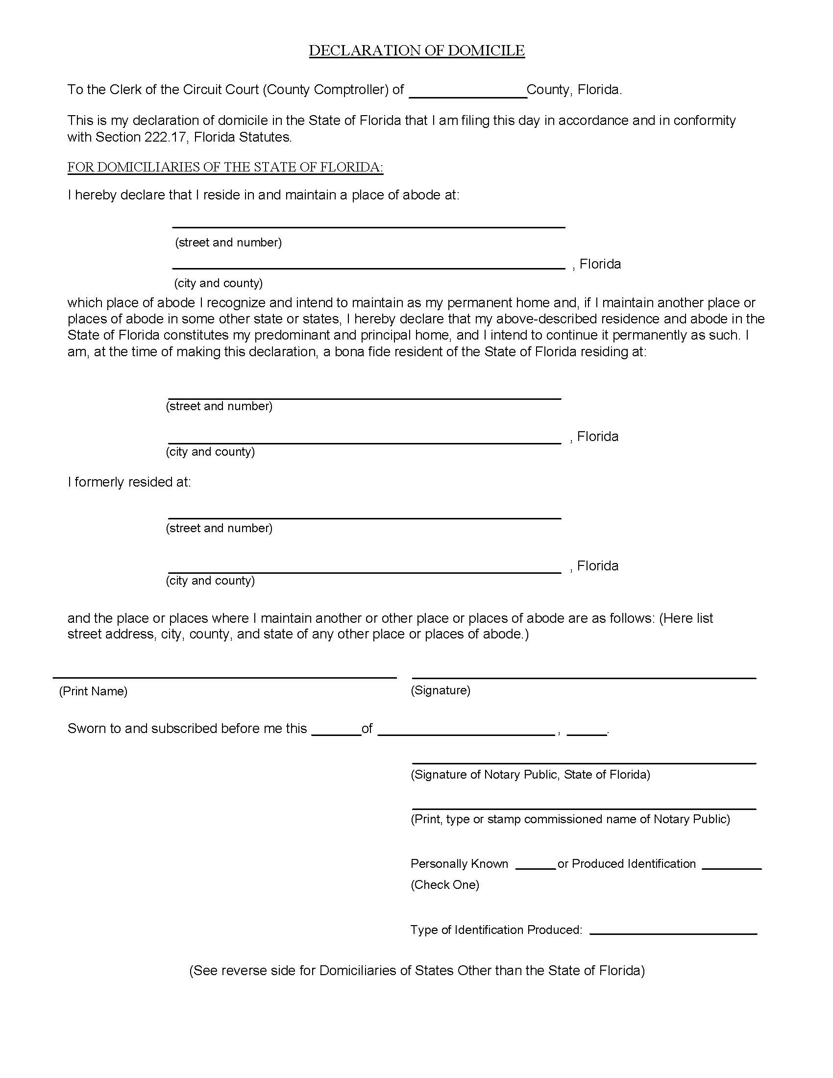 Declaration Of Domicile | Pdf Fpdf Doc Docx | Florida