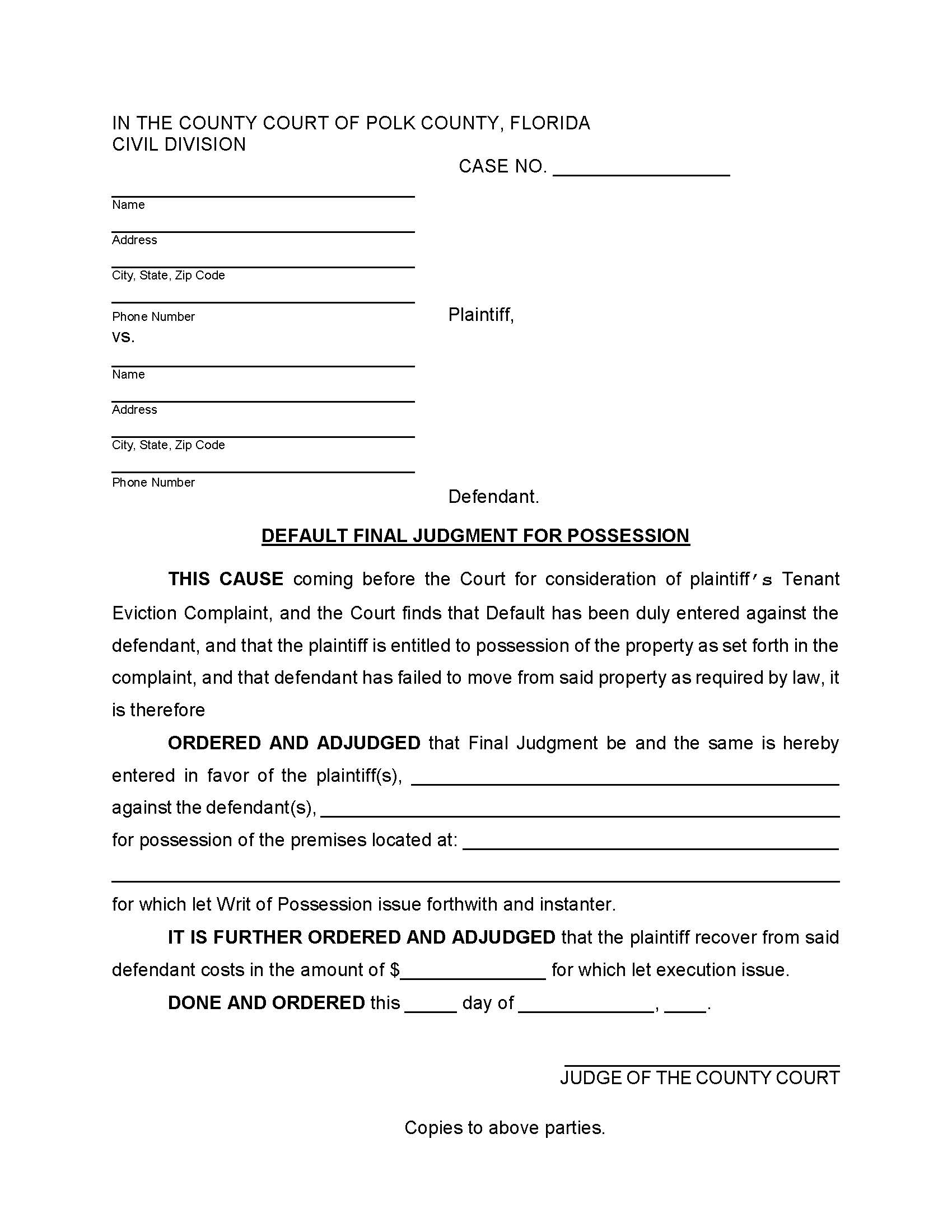 Default Final Judgment For Possession | Pdf Fpdf Docx | Florida