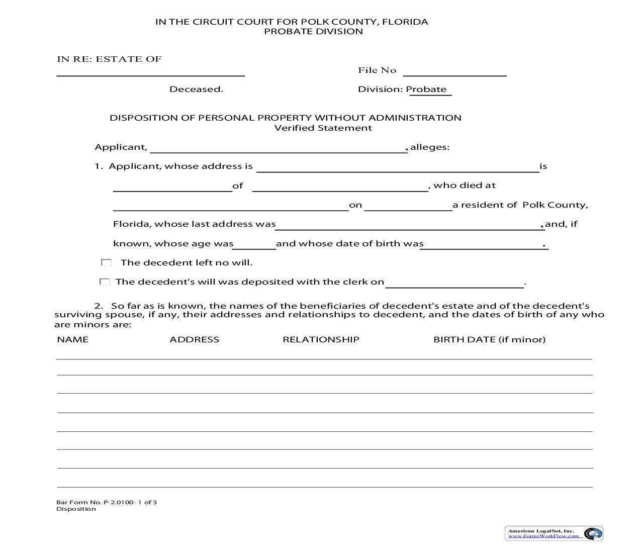 Disposition Of Personal Property Without Administration Verified Statement | Pdf Fpdf Doc Docx | Florida