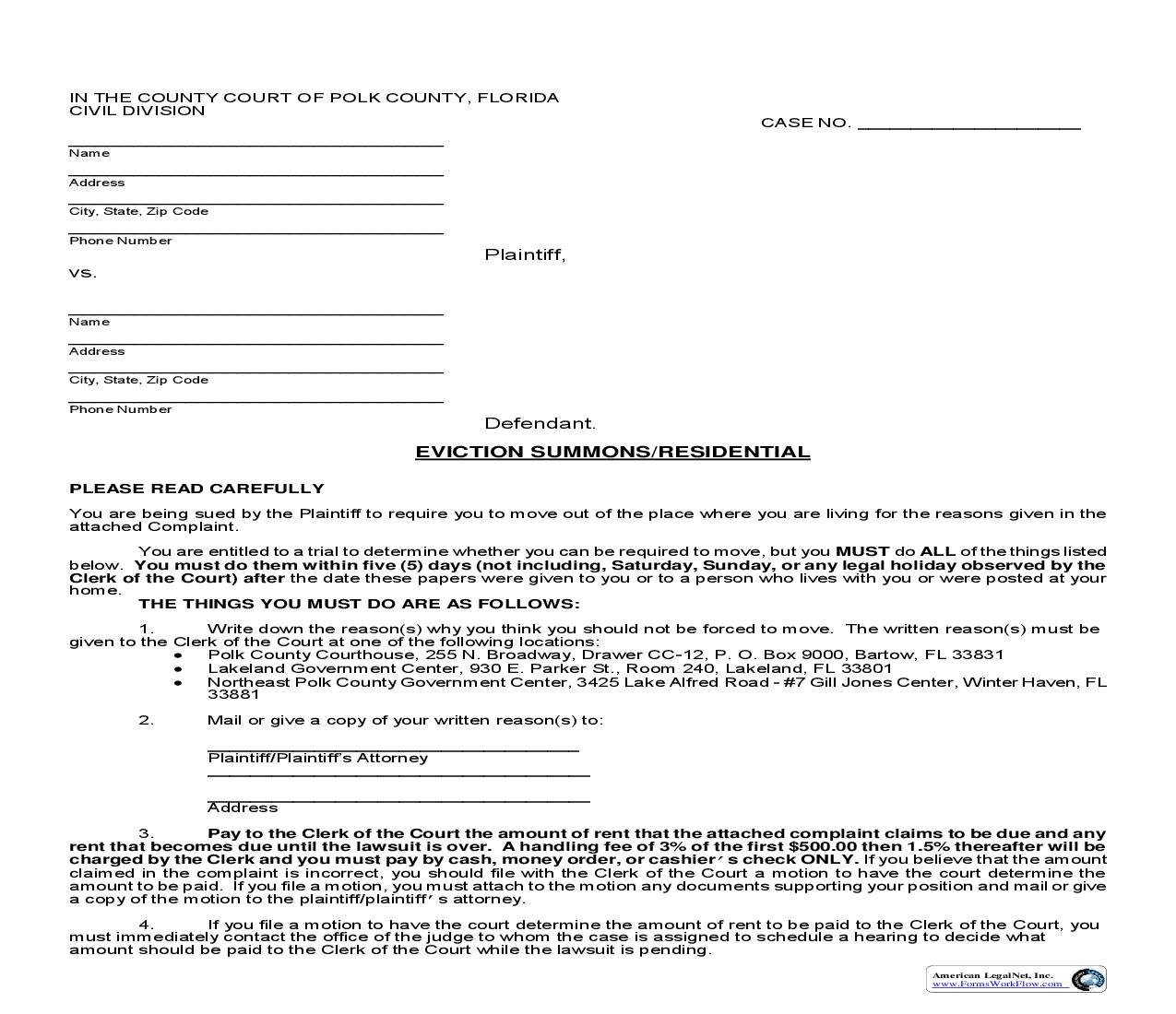 Eviction Summons Residential | Pdf Fpdf Doc Docx | Florida