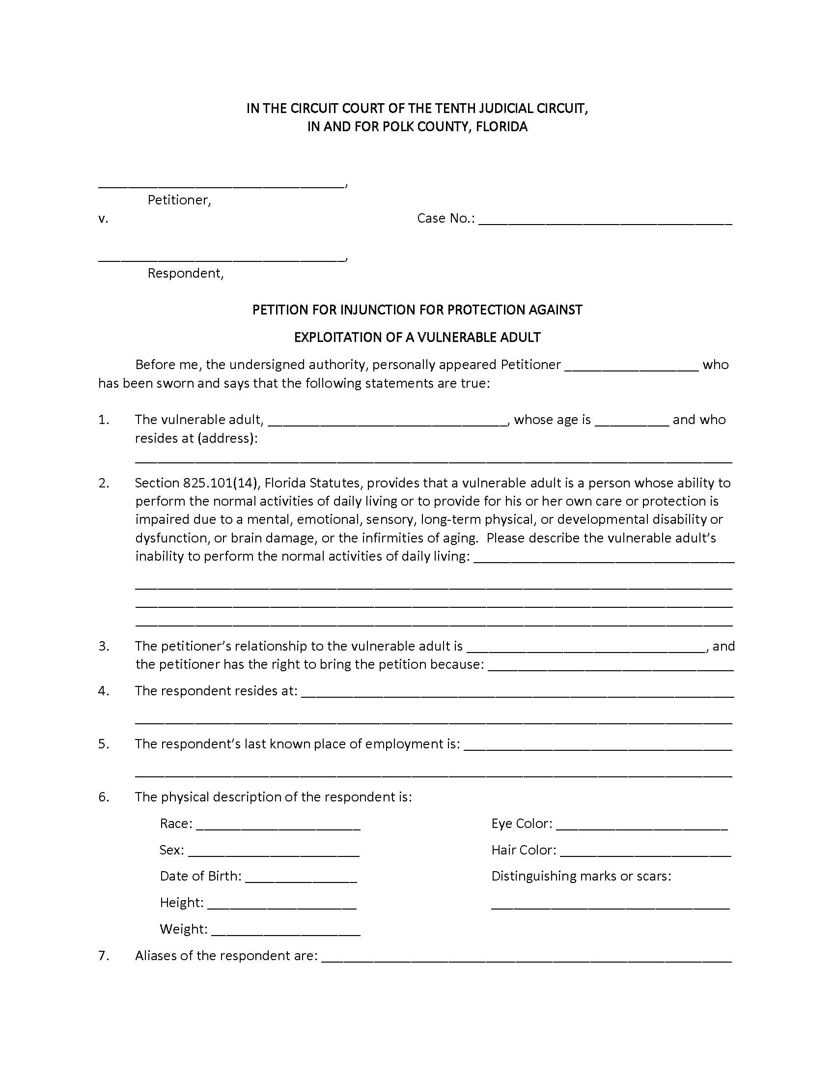 Exploitation Of Vulnerable Adult Injunction Packet | Pdf Fpdf Docx | Florida