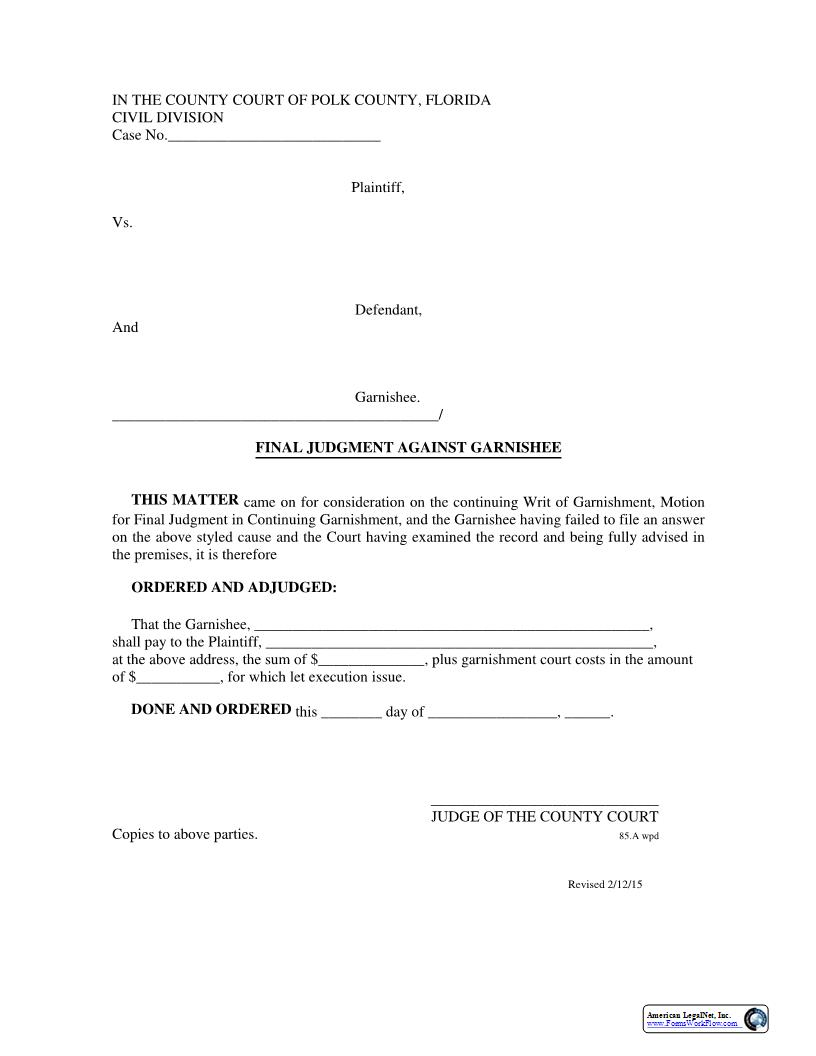 Final Judgment Against Garnishee | Pdf Fpdf Docx | Florida