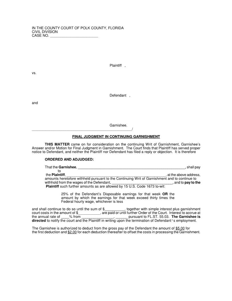 Final Judgment In Continuing Garnishment | Pdf Fpdf Doc Docx | Florida