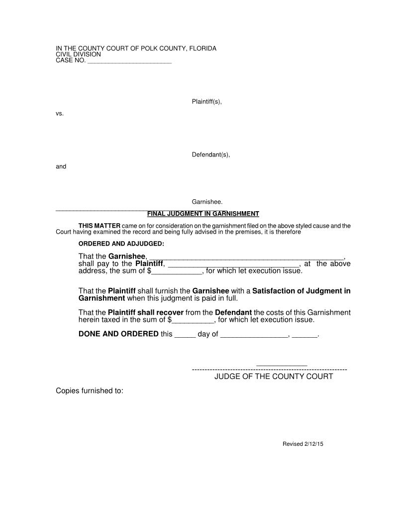 Final Judgment In Garnishment | Pdf Fpdf Docx | Florida