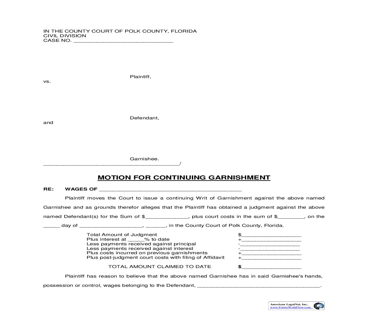 Motion For Continuing Garnishment | Pdf Fpdf Doc Docx | Florida