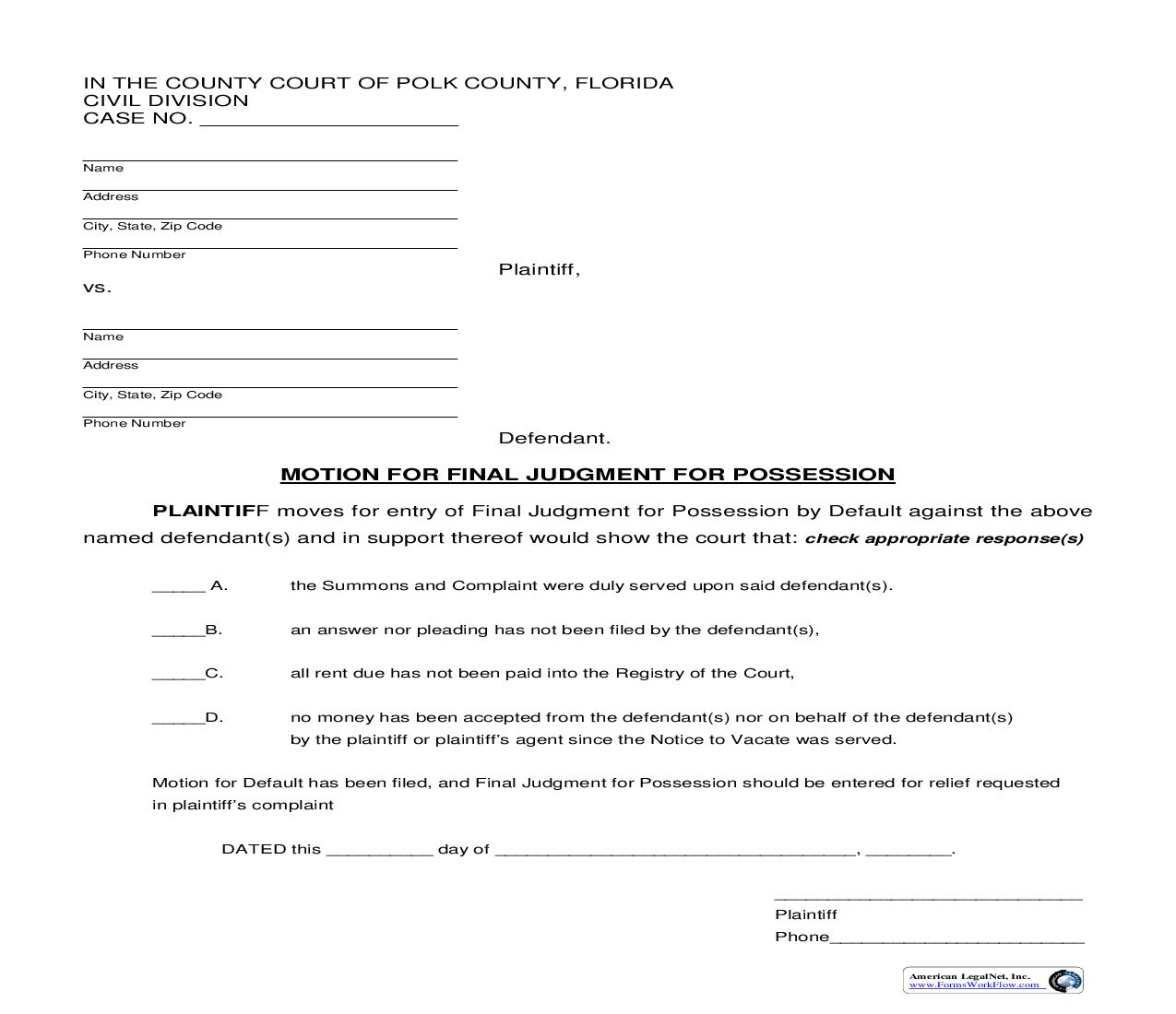 Motion For Final Judgment For Possession | Pdf Fpdf Doc Docx | Florida