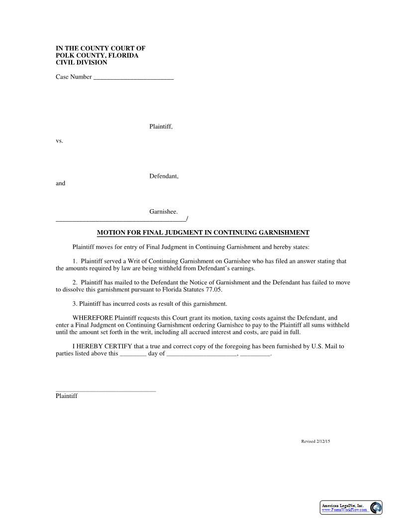 Motion For Final Judgment In Continuing Garnishment | Pdf Fpdf Docx | Florida